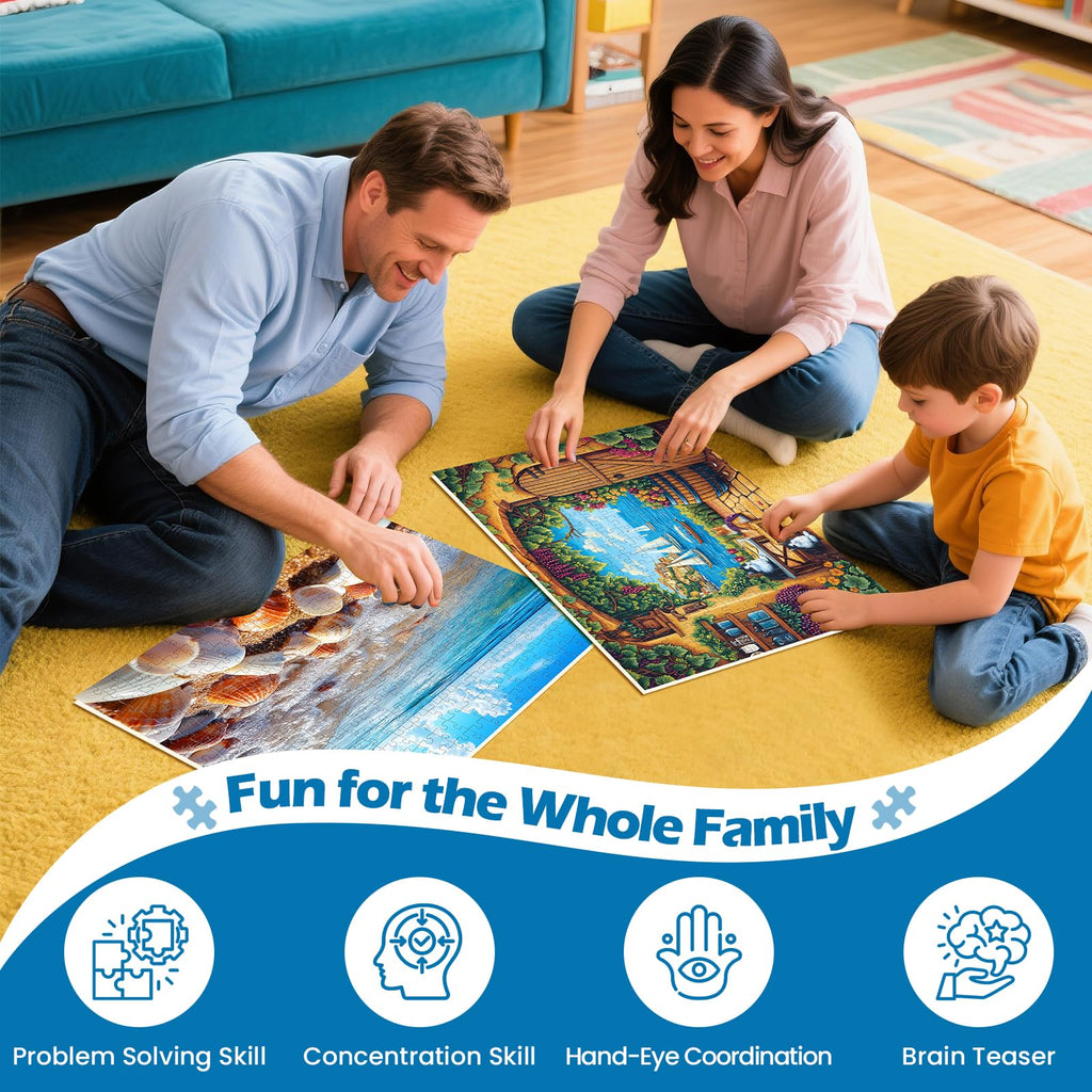 WSCXSC 300 Piece Jigsaw Puzzle Set – 2 Scenes: Winery & Beach – for Adults, Kids, Seniors – Recycled Cardboard