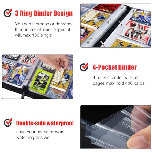 WTVIDAS 400-Pocket Soccer Card Binder – Waterproof PU, 50 Removable Sheets, Zipper & Wrist Strap