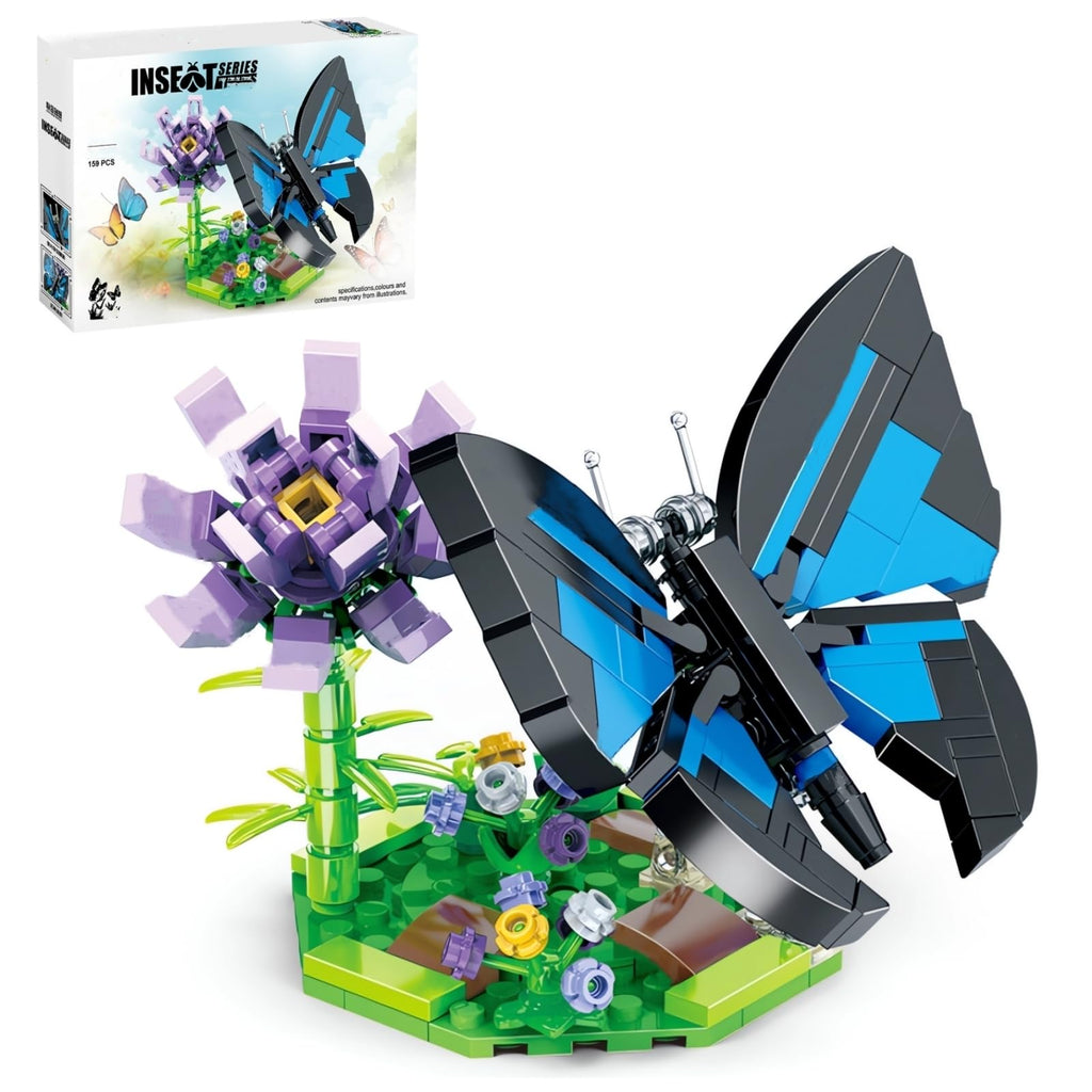 WULOBOOI Blue Morpho Butterfly Building Set – 159-Piece Insect Collection with Flowers for Home Decor