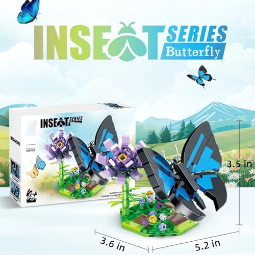 WULOBOOI Blue Morpho Butterfly Building Set – 159-Piece Insect Collection with Flowers for Home Decor