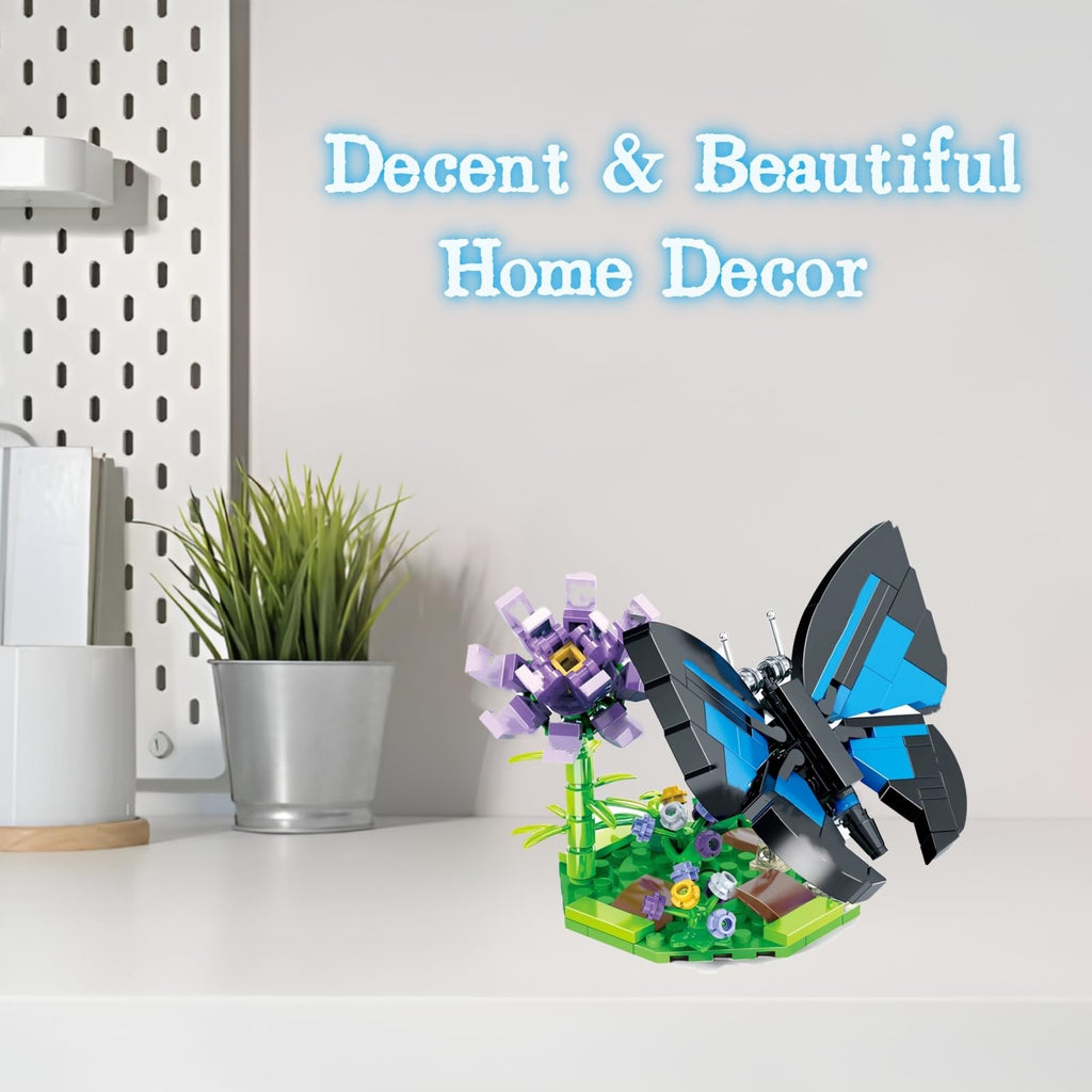 WULOBOOI Blue Morpho Butterfly Building Set – 159-Piece Insect Collection with Flowers for Home Decor