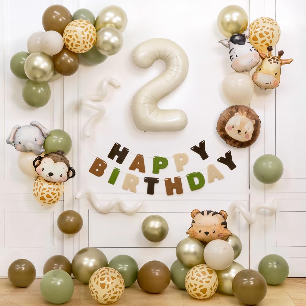 Wuokkig Cream Safari Balloon Garland Kit for 2nd Birthday – 55-Piece Jungle Animal Decor Set with Number 2 Foil Balloon
