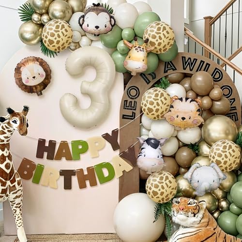 Wuokkig Cream Safari Balloon Garland Kit for 2nd Birthday – 55-Piece Jungle Animal Decor Set with Number 2 Foil Balloon