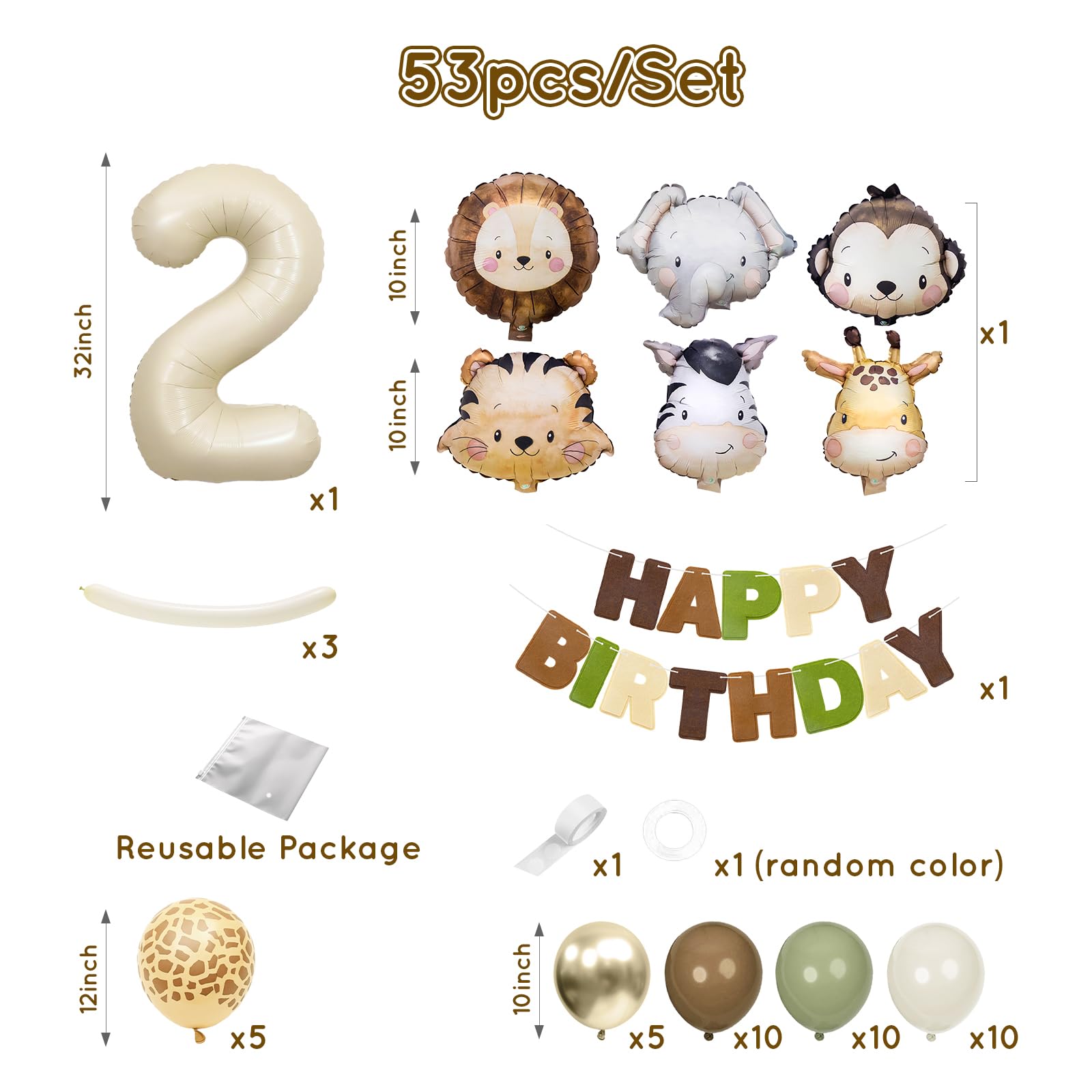 Wuokkig Cream Safari Balloon Garland Kit for 2nd Birthday – 55-Piece Jungle Animal Decor Set with Number 2 Foil Balloon