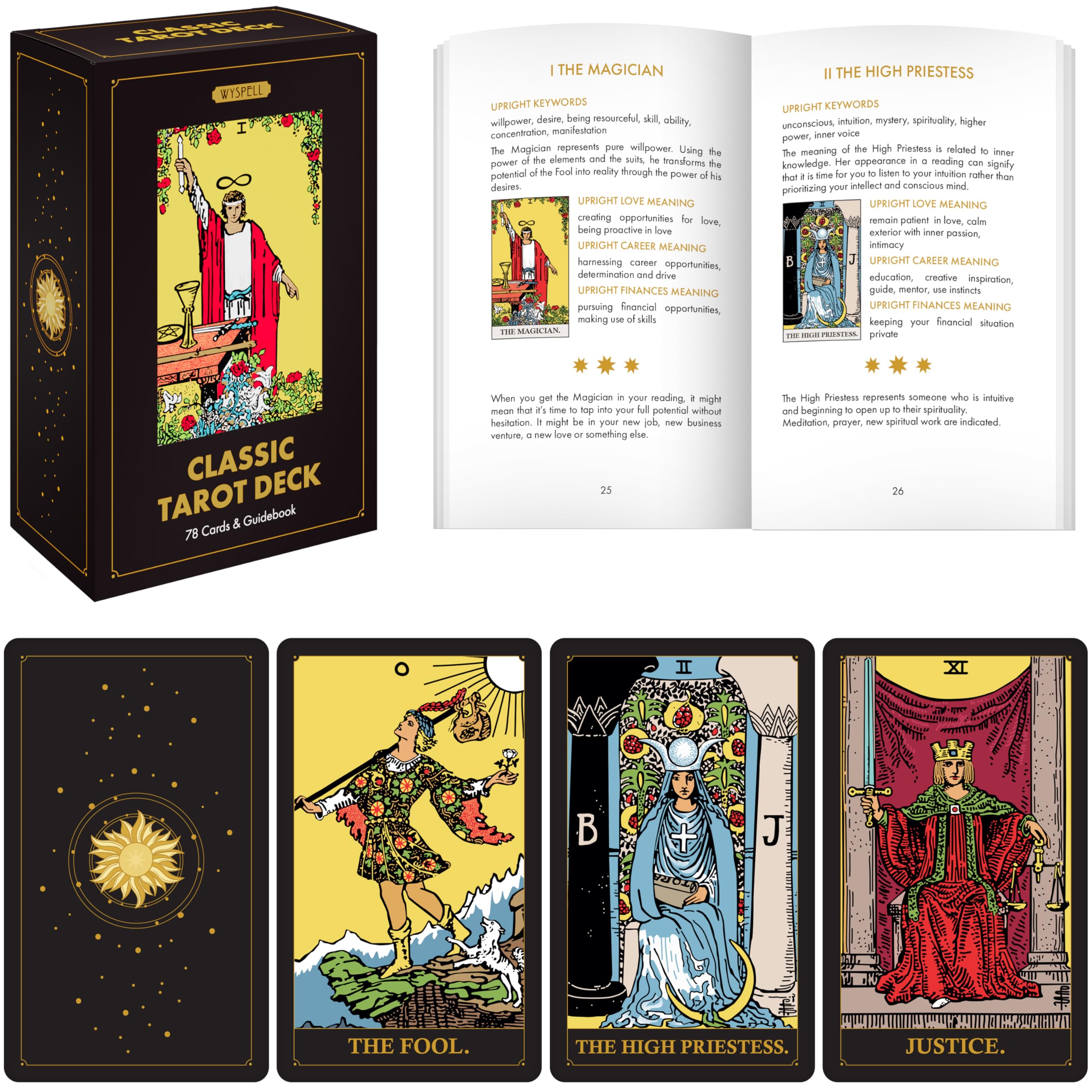 Wyspell Classic Tarot Cards for Beginners - Dark Deck with 400 GSM Cardstock and 100-Page Guide