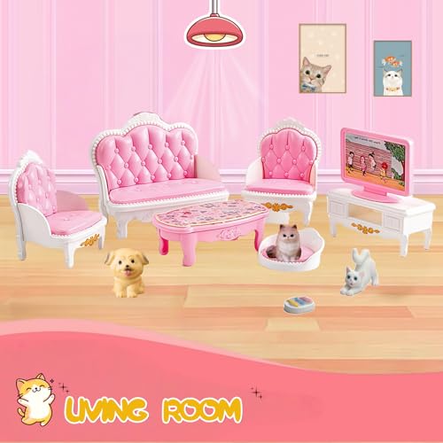 Xadothat 36-Piece Pink Dollhouse Furniture Set – Complete Collection for Kitchen, Dining, Living Room, Bedroom & Bathroom