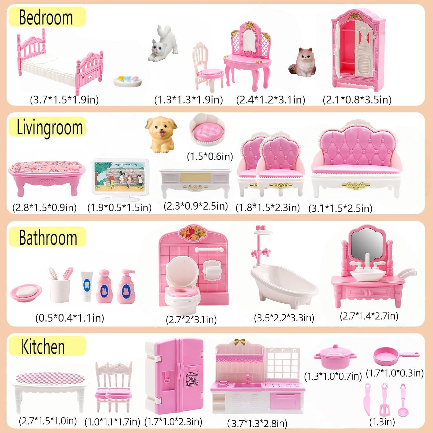 Xadothat 36-Piece Pink Dollhouse Furniture Set – Complete Collection for Kitchen, Dining, Living Room, Bedroom & Bathroom