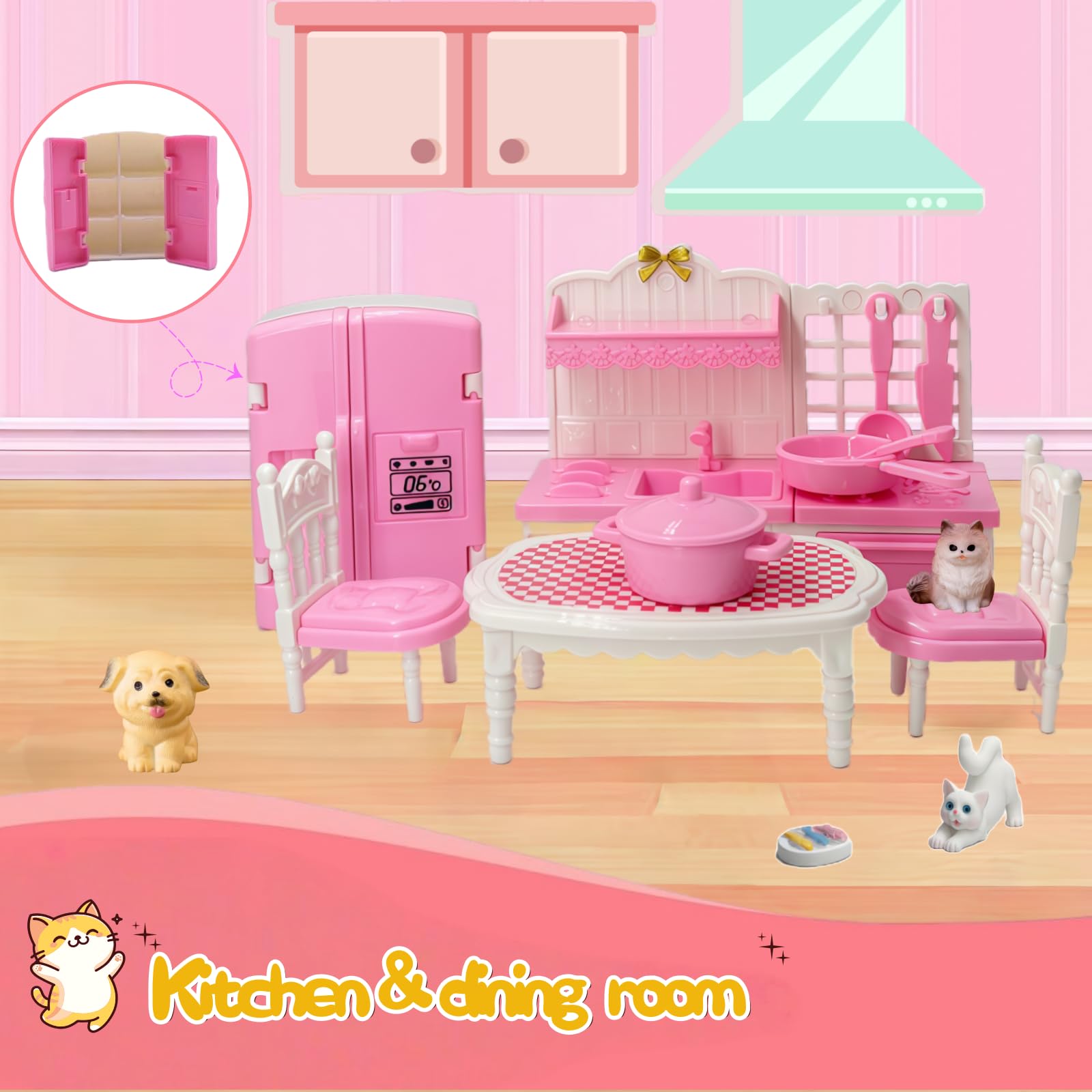 Xadothat 36-Piece Pink Dollhouse Furniture Set – Complete Collection for Kitchen, Dining, Living Room, Bedroom & Bathroom