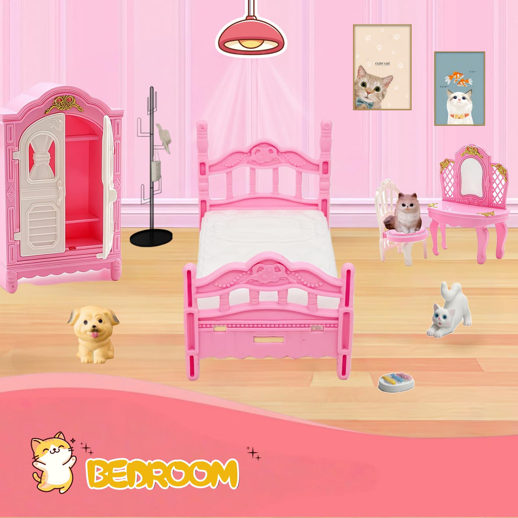 Xadothat 36-Piece Pink Dollhouse Furniture Set – Complete Collection for Kitchen, Dining, Living Room, Bedroom & Bathroom