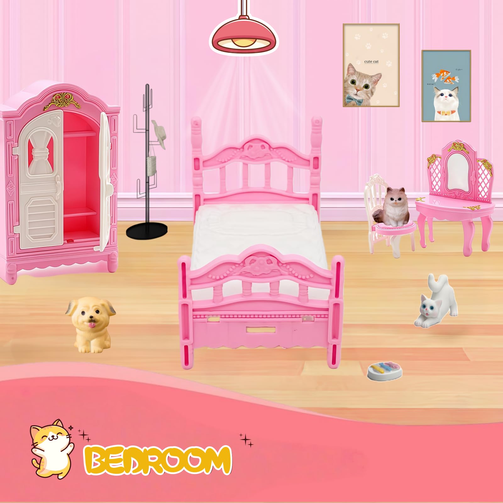 Xadothat 36-Piece Pink Dollhouse Furniture Set – Complete Collection for Kitchen, Dining, Living Room, Bedroom & Bathroom