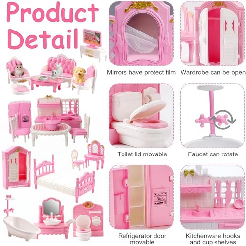 Xadothat 36-Piece Pink Dollhouse Furniture Set – Complete Collection for Kitchen, Dining, Living Room, Bedroom & Bathroom
