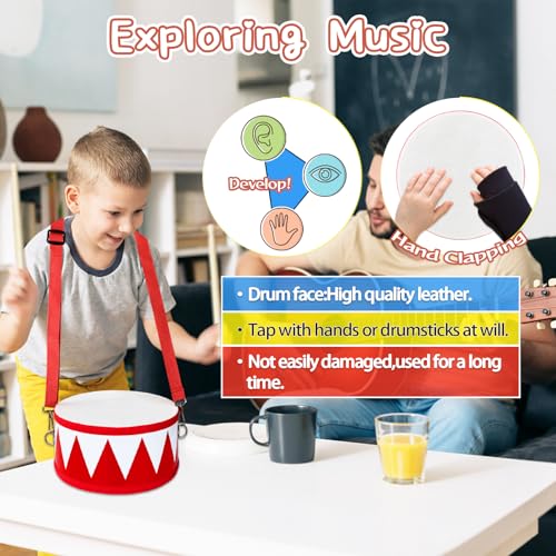 Xeehwb Kids Wooden Drum Set (8-Inch) – Red Toy Drum with Adjustable Strap and 2 Drumsticks for Toddlers