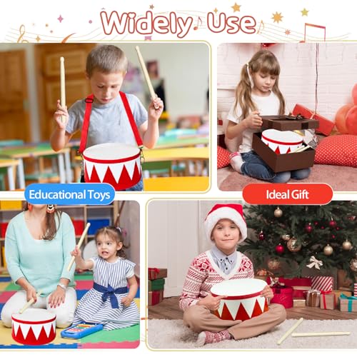 Xeehwb Kids Wooden Drum Set (8-Inch) – Red Toy Drum with Adjustable Strap and 2 Drumsticks for Toddlers