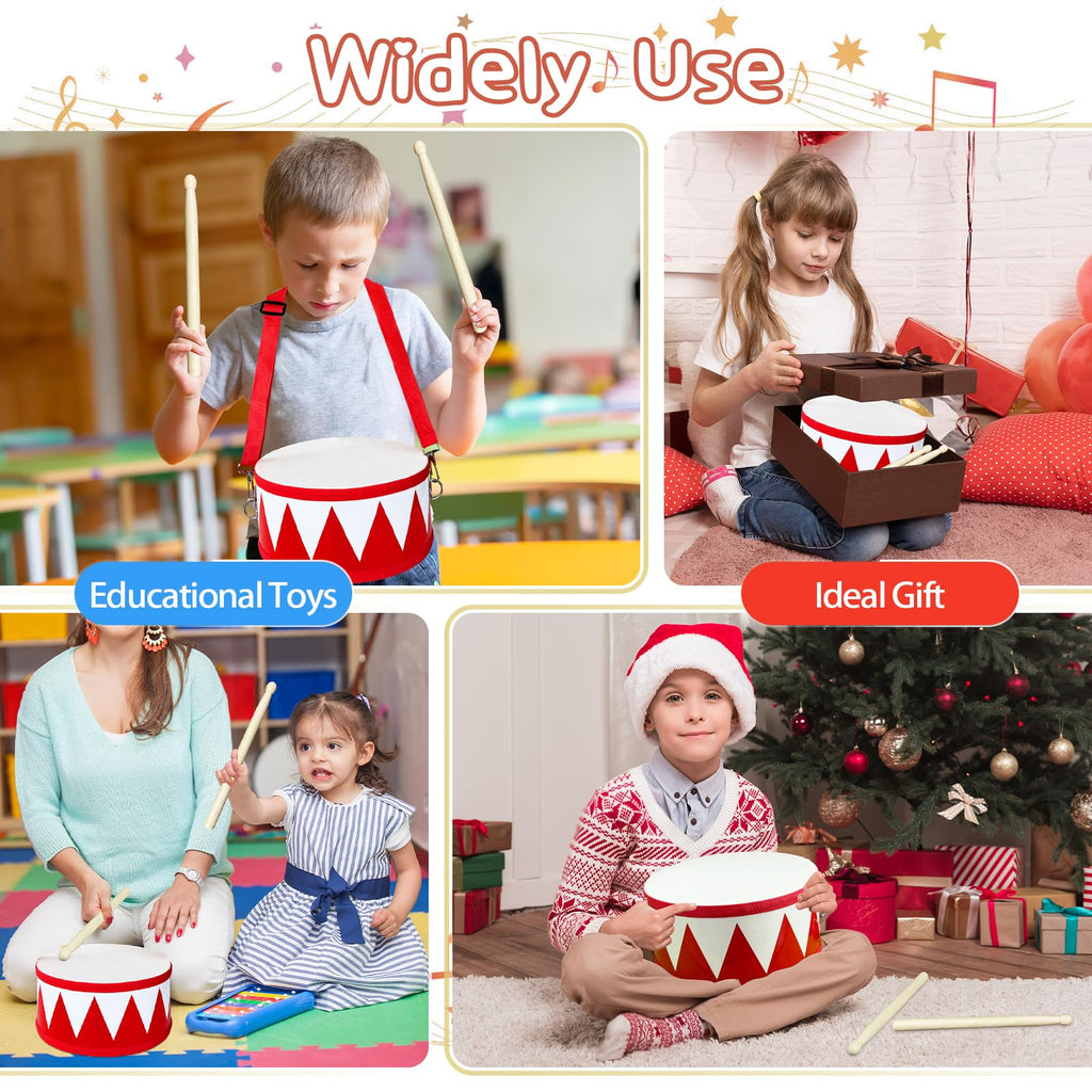 Xeehwb Kids Wooden Drum Set (8-Inch) – Red Toy Drum with Adjustable Strap and 2 Drumsticks for Toddlers