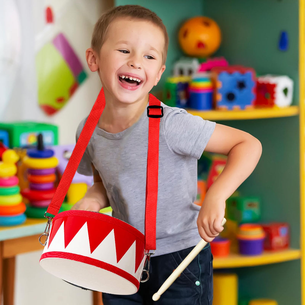 Xeehwb Kids Wooden Drum Set (8-Inch) – Red Toy Drum with Adjustable Strap and 2 Drumsticks for Toddlers