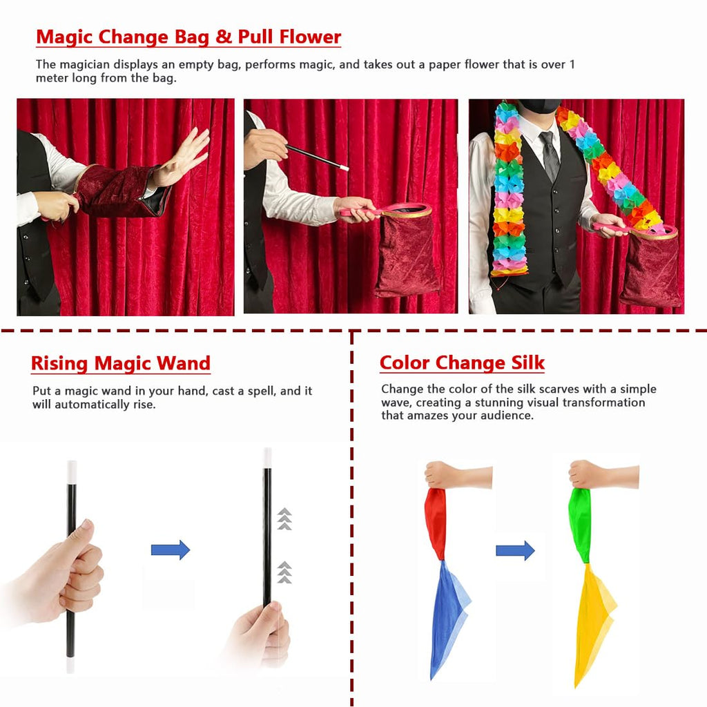 Xfunjoin 4-Piece Stage Magic Kit for Beginners: Change Bag, Rising Wand & More