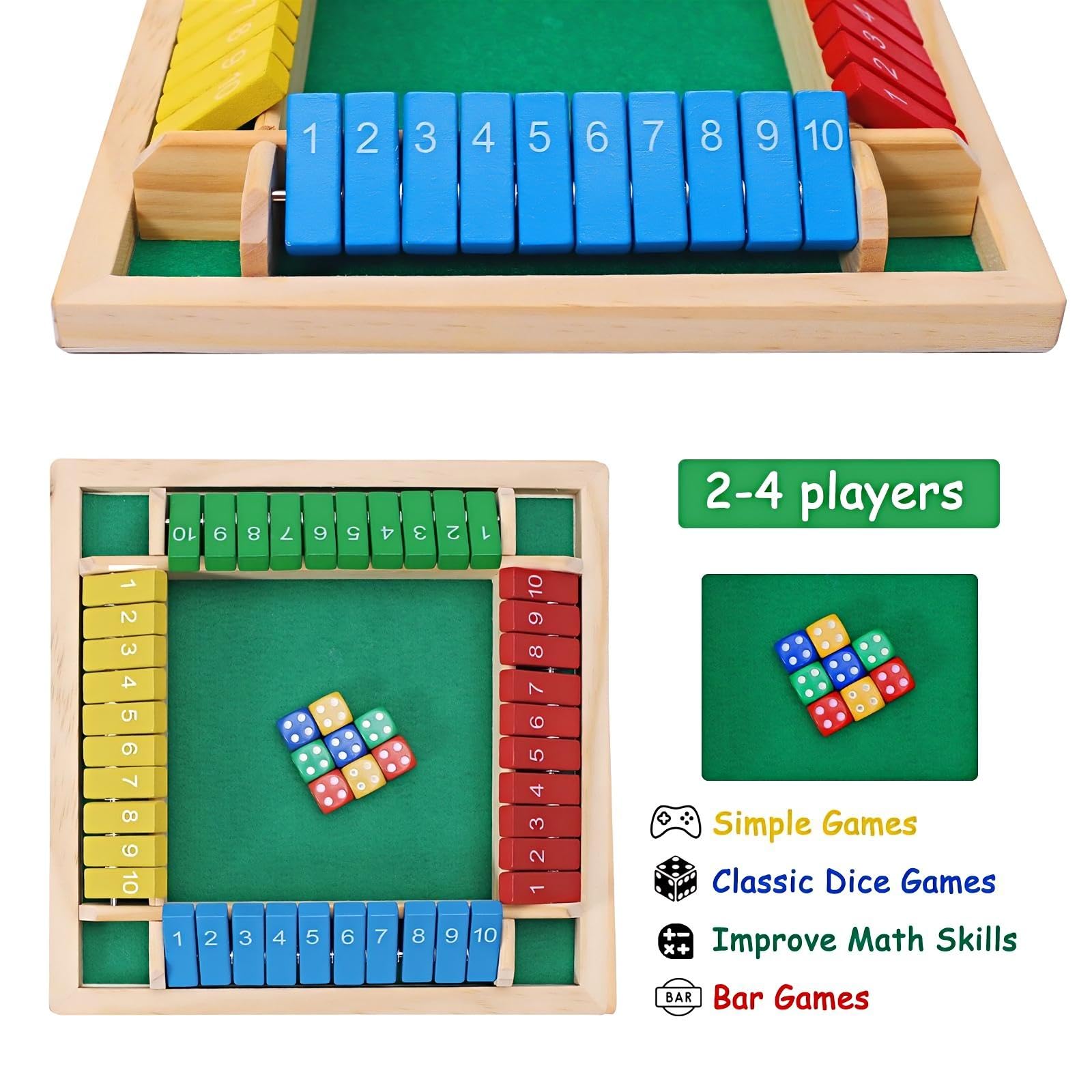 XiangAi Shut The Box Game – 4-Player Wooden Dice Board with Felt Surface, Educational Math Puzzle for Family Game Night