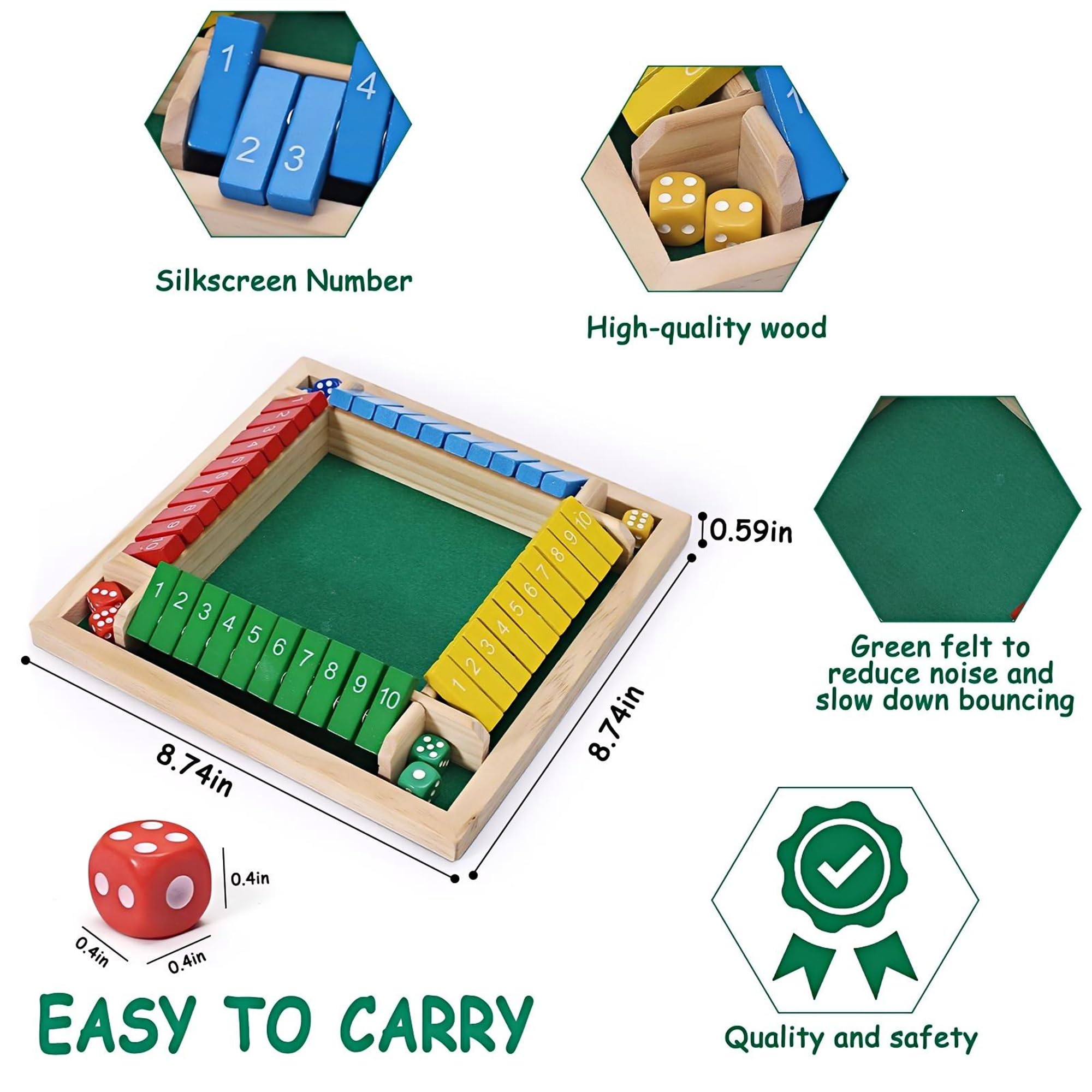 XiangAi Shut The Box Game – 4-Player Wooden Dice Board with Felt Surface, Educational Math Puzzle for Family Game Night