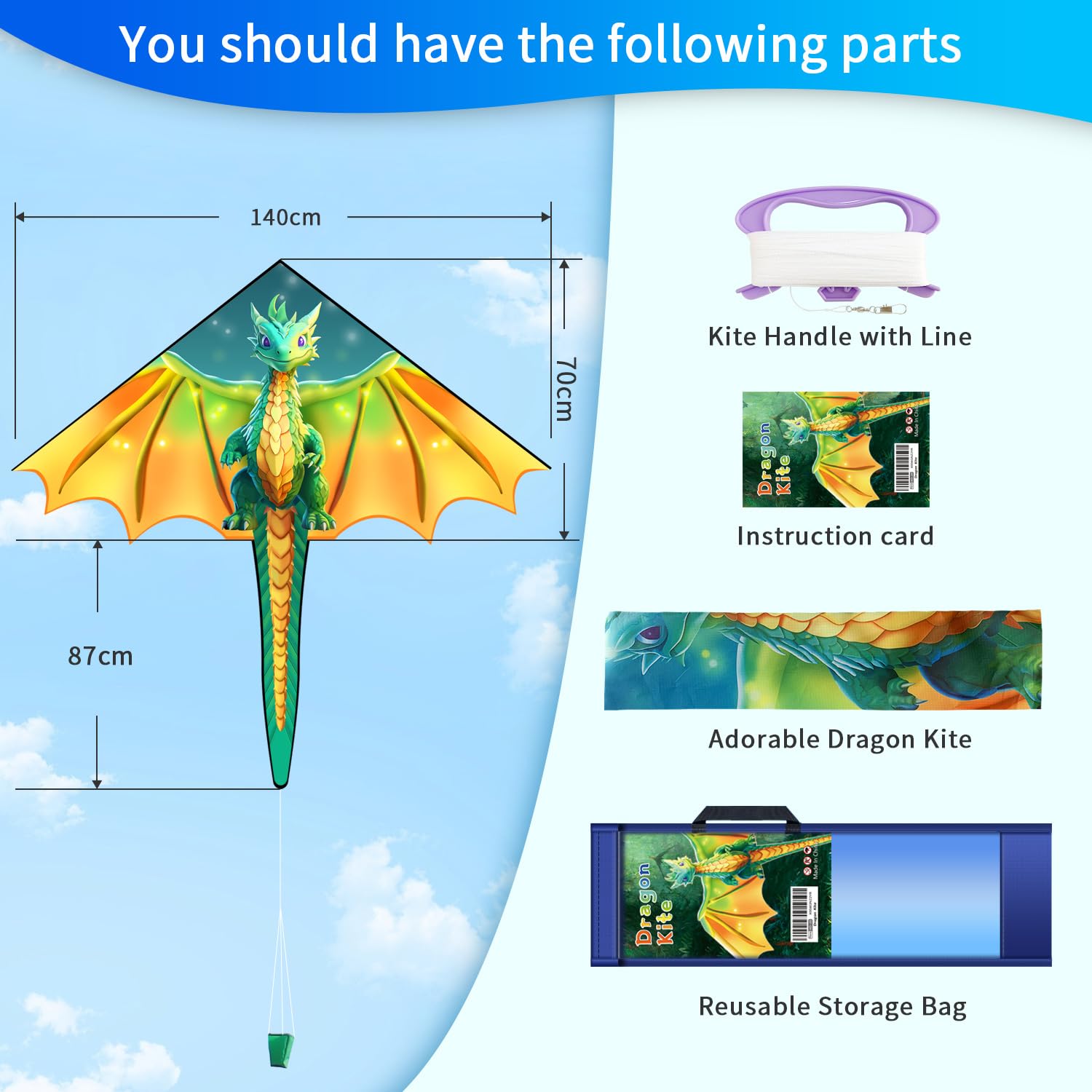 Xida Dragon Kite 55x61 Inch – Easy to Fly for Beginners, Kids, and Adults