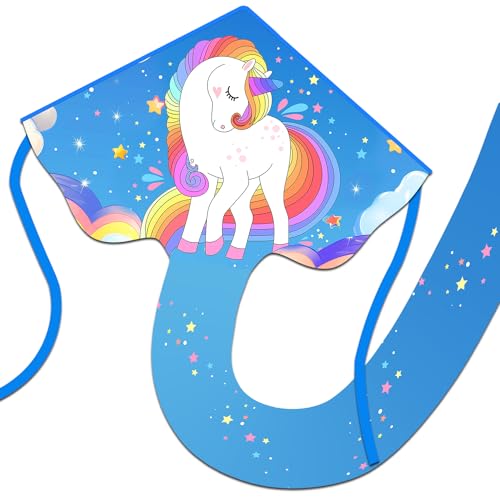 Xida Kite White Unicorn - Large Easy-to-Fly Kite for Kids Ages 4-8 and Adults