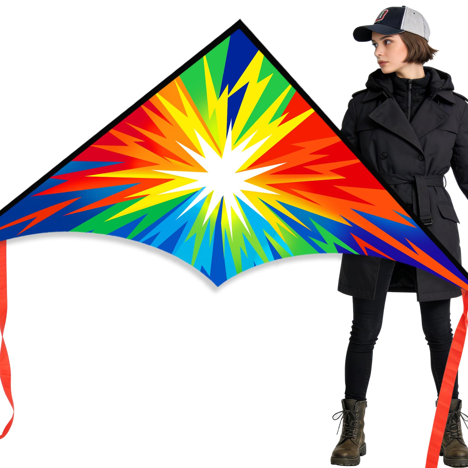 Xida Large Delta Kite for Kids and Adults – Easy to Fly Rainbow Kite with Lightning Design