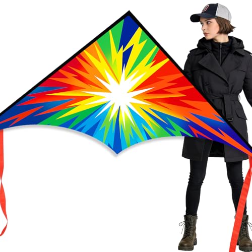 Xida Large Delta Kite for Kids and Adults – Easy to Fly Rainbow Kite with Lightning Design