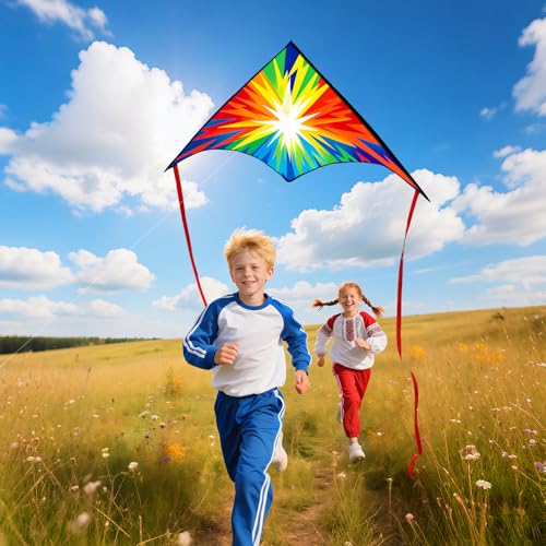 Xida Large Delta Kite for Kids and Adults – Easy to Fly Rainbow Kite with Lightning Design