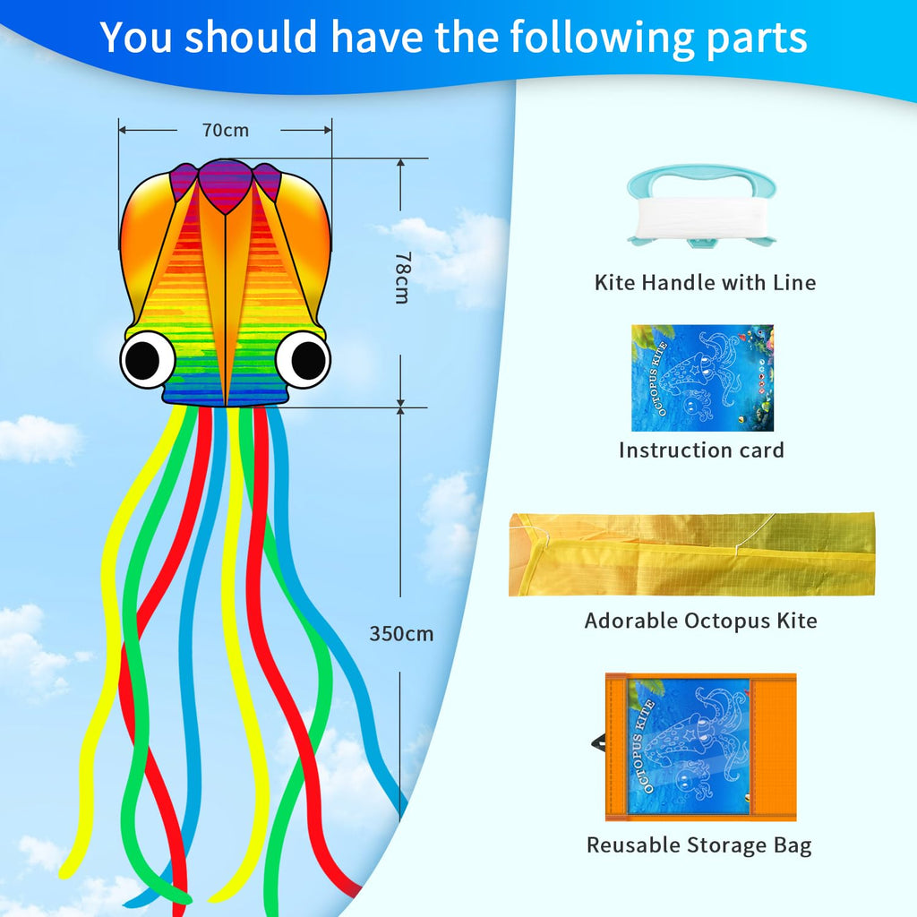 Xida Octopus Kite for Kids and Adults – Rainbow Frameless Soft Kite with 200ft Line