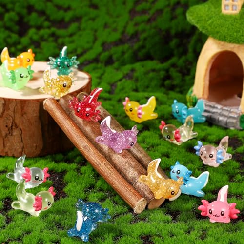 XIHIRCD 48-Piece Mini Resin Axolotl Figurines – 3 Styles (Luminous, Glitter, Solid) for DIY, Garden, Dollhouse Decor