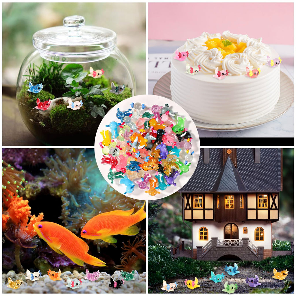XIHIRCD 48-Piece Mini Resin Axolotl Figurines – 3 Styles (Luminous, Glitter, Solid) for DIY, Garden, Dollhouse Decor