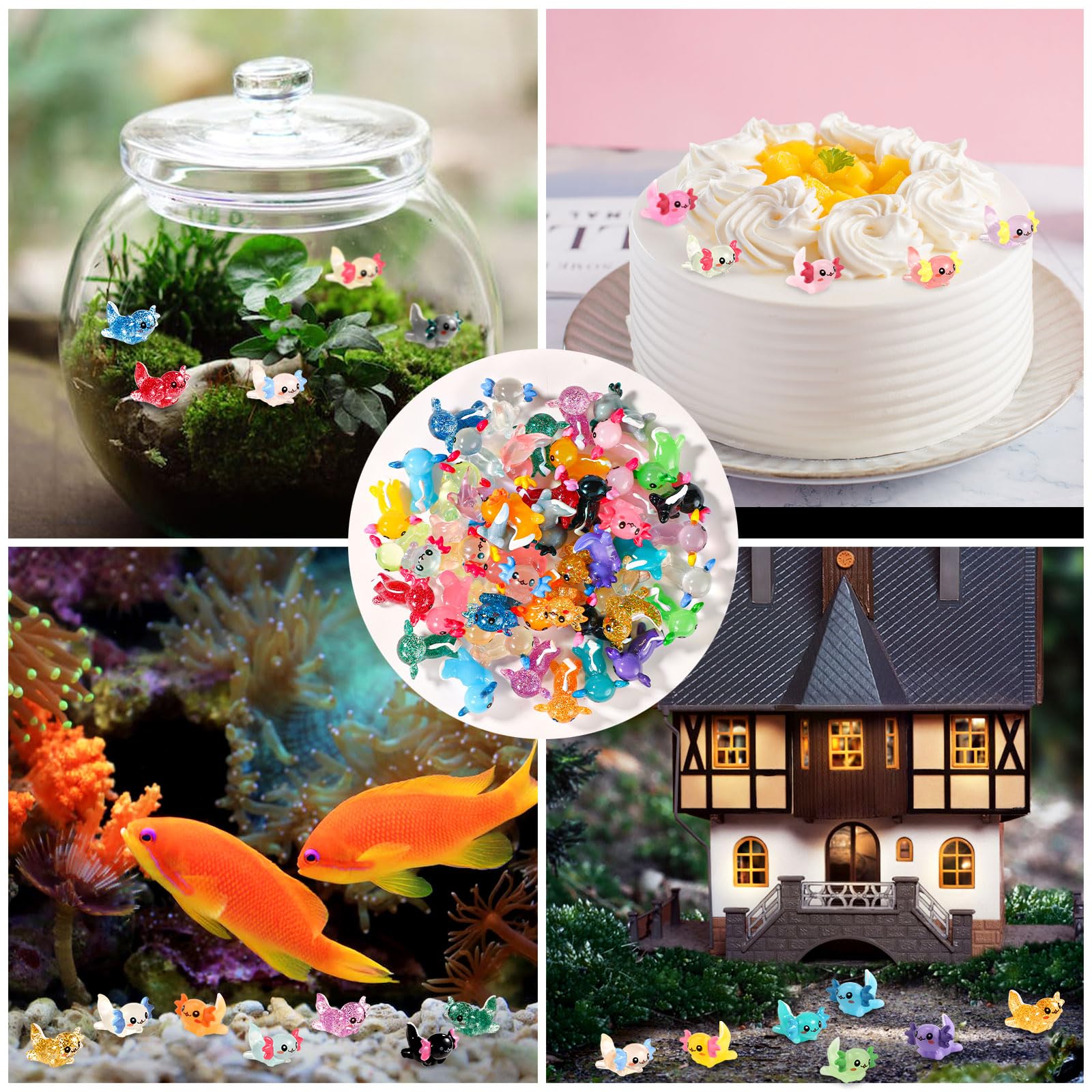 XIHIRCD 48-Piece Mini Resin Axolotl Figurines – 3 Styles (Luminous, Glitter, Solid) for DIY, Garden, Dollhouse Decor