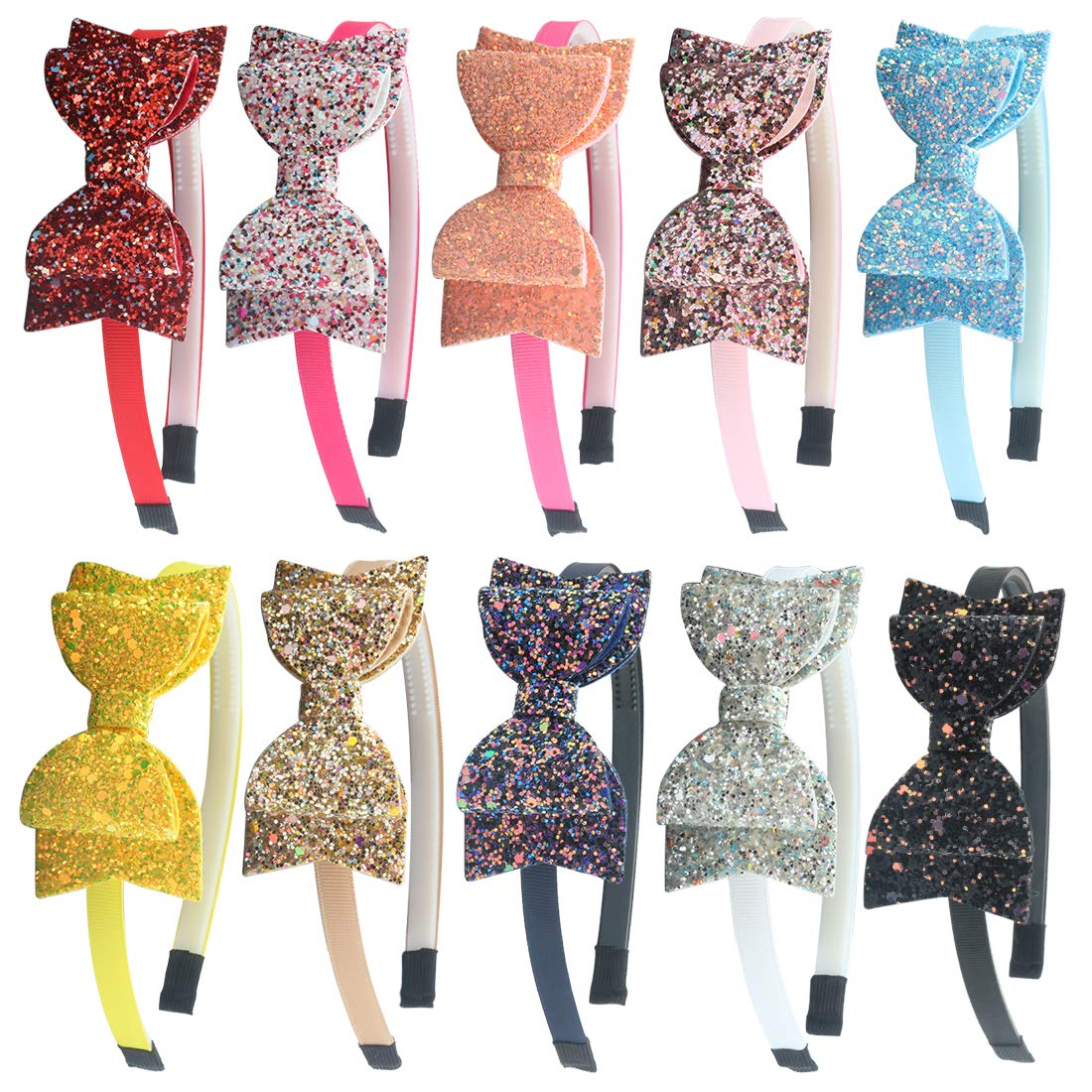 XIMA Glitter Bow Headbands 10-Pack – Sparkly Hair Bands for Girls, Toddlers, Teens