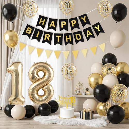 Xinvery 18th Birthday Decorations Black Gold Set – Banner, Cake Topper, Number 18 Balloon & Confetti Balloons