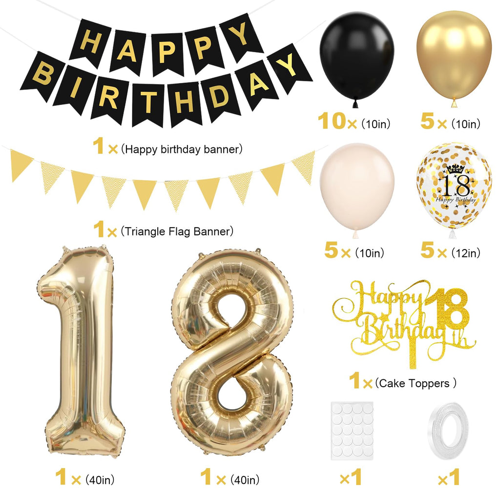 Xinvery 18th Birthday Decorations Black Gold Set – Banner, Cake Topper, Number 18 Balloon & Confetti Balloons