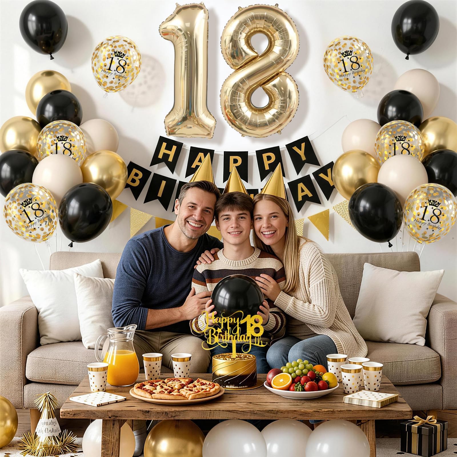 Xinvery 18th Birthday Decorations Black Gold Set – Banner, Cake Topper, Number 18 Balloon & Confetti Balloons