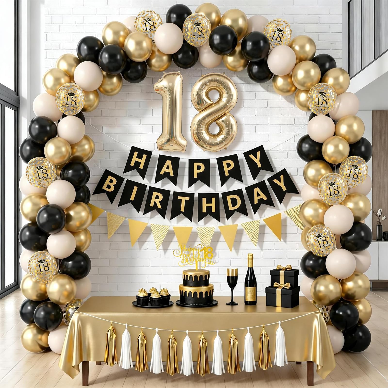 Xinvery 18th Birthday Decorations Black Gold Set – Banner, Cake Topper, Number 18 Balloon & Confetti Balloons