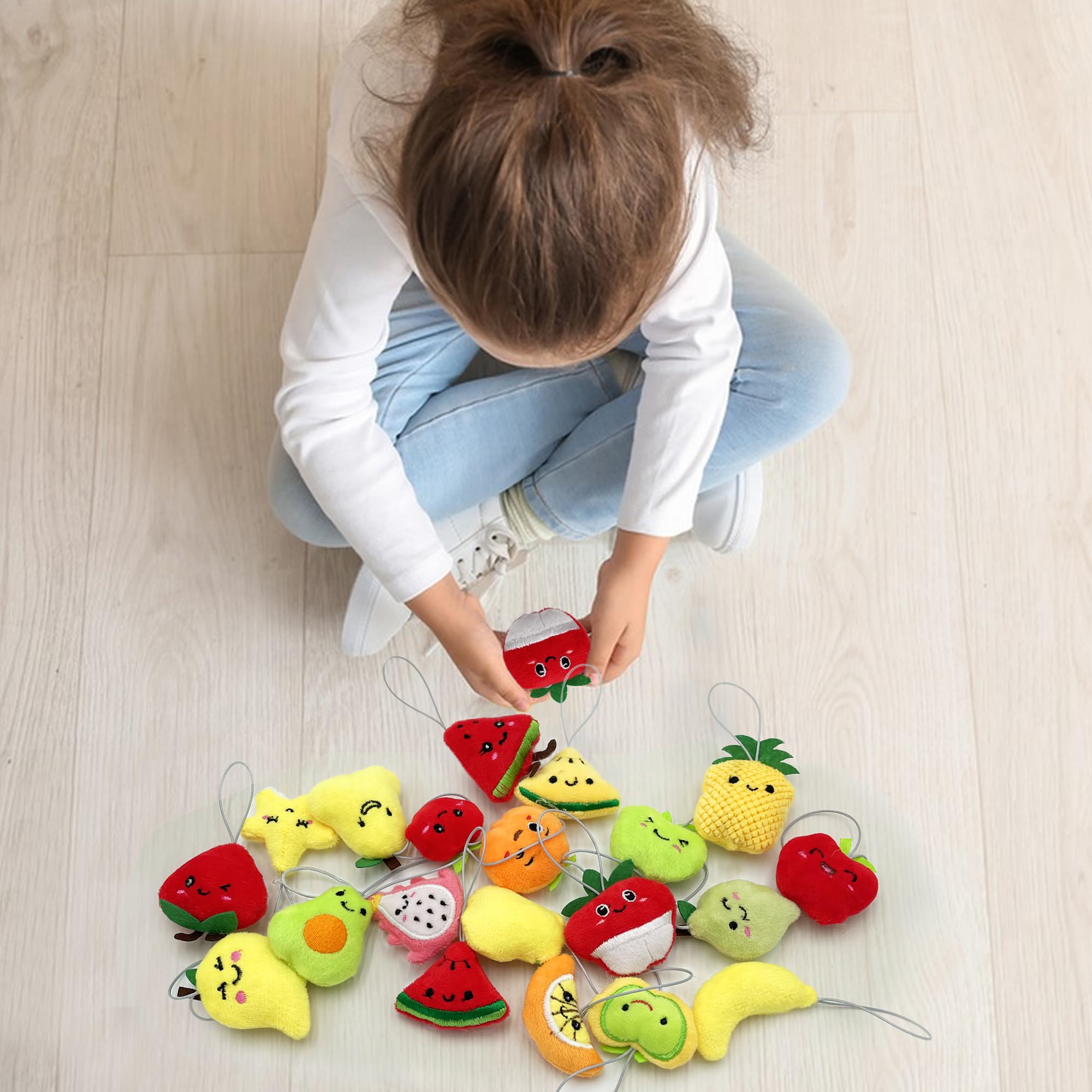 XIPEGPA 30-Piece Mini Fruit Plush Toy Set – Assorted Stuffed Fruits with Keychain Ropes for Party Favors, Easter Egg Stuffers, and Classroom Prizes