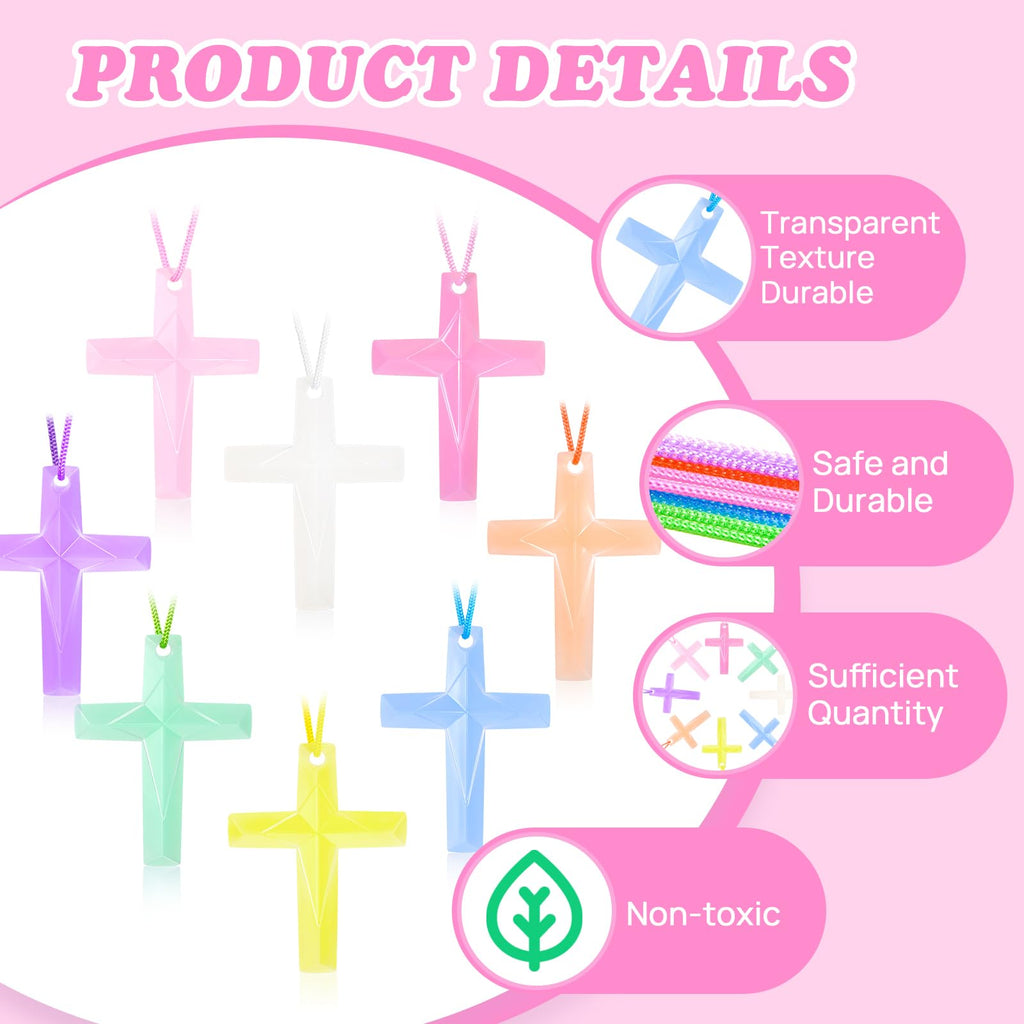 XIPENGKEJI 104 Pack Macaron Crystal Cross Necklaces - Bulk Religious Party Favors for Sunday School, Easter, Christmas