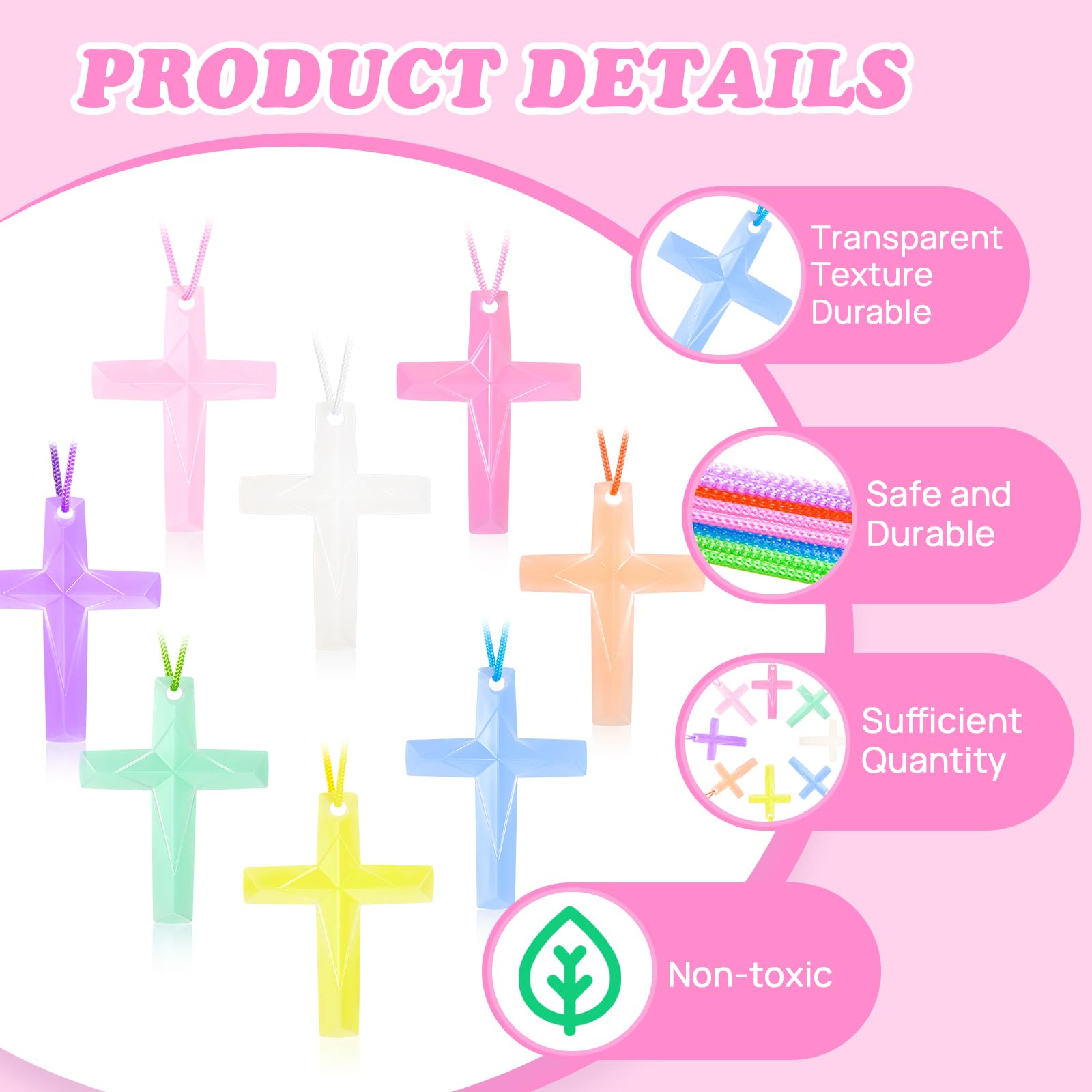 XIPENGKEJI 104 Pack Macaron Crystal Cross Necklaces - Bulk Religious Party Favors for Sunday School, Easter, Christmas