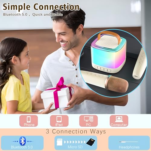 Xiwoa Portable Bluetooth Karaoke Machine for Kids with Dual Wireless Microphones, LED Lights, Voice Change, 10-12 Hour Battery