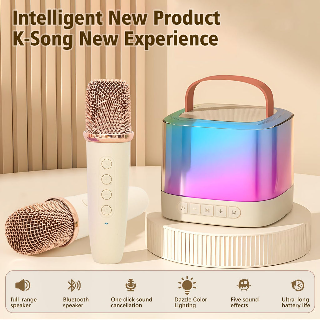 Xiwoa Portable Bluetooth Karaoke Machine for Kids with Dual Wireless Microphones, LED Lights, Voice Change, 10-12 Hour Battery