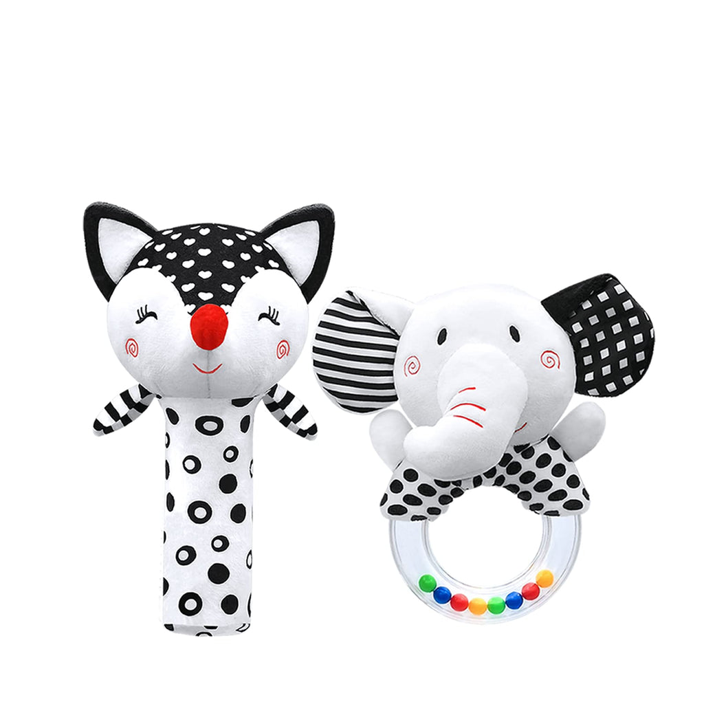 XIXILAND Black & White Baby Rattles for Newborns 0-6 Months - Fox Squeak & Elephant Shaker Set