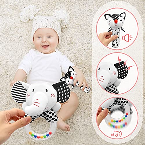 XIXILAND Black & White Baby Rattles for Newborns 0-6 Months - Fox Squeak & Elephant Shaker Set