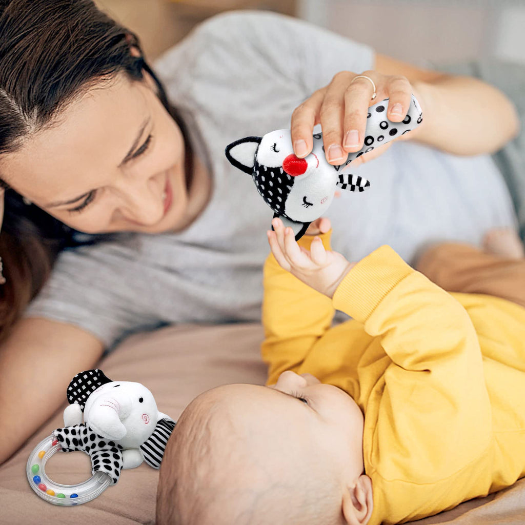 XIXILAND Black & White Baby Rattles for Newborns 0-6 Months - Fox Squeak & Elephant Shaker Set