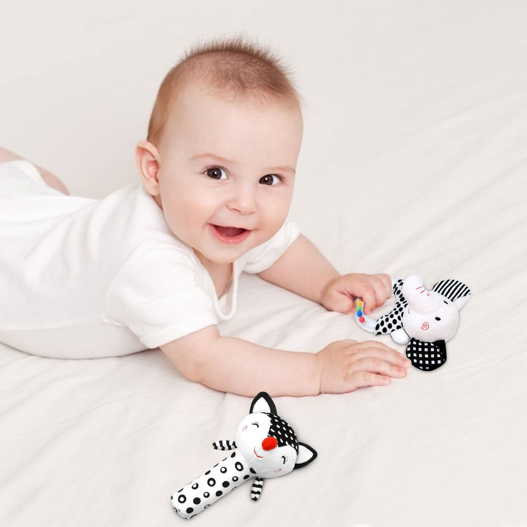 XIXILAND Black & White Baby Rattles for Newborns 0-6 Months - Fox Squeak & Elephant Shaker Set