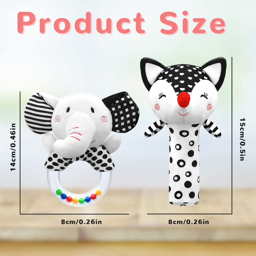 XIXILAND Black & White Baby Rattles for Newborns 0-6 Months - Fox Squeak & Elephant Shaker Set