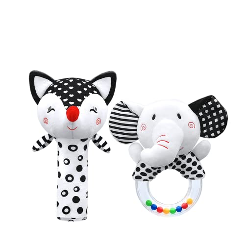 XIXILAND Black & White Baby Rattles for Newborns 0-6 Months - Fox Squeak & Elephant Shaker Set