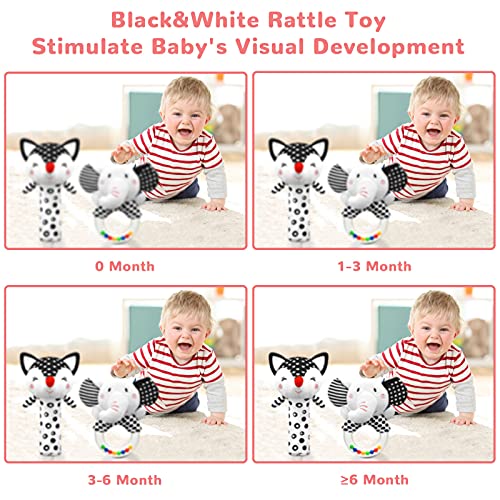 XIXILAND Black & White Baby Rattles for Newborns 0-6 Months - Fox Squeak & Elephant Shaker Set