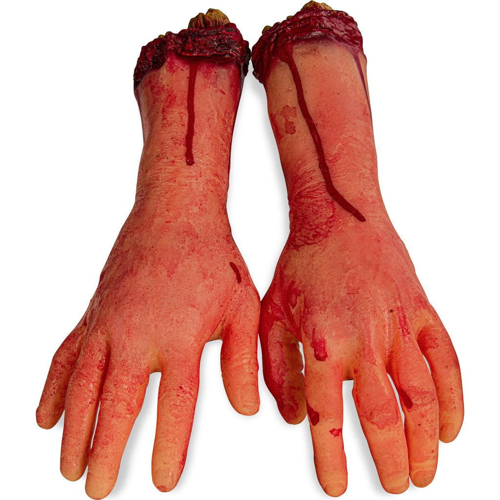 XONOR Halloween Fake Severed Hands - 2-Pack Left & Right, Realistic Bloody Plastic Prop for Haunted House Decor