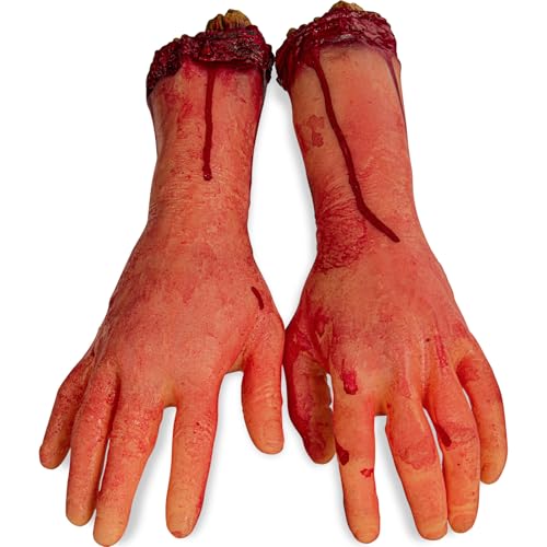 XONOR Halloween Fake Severed Hands - 2-Pack Left & Right, Realistic Bloody Plastic Prop for Haunted House Decor